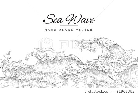 Background design with giant sea wave in black thin line, vector illustration. Background design with giant sea wave in black thin line, vector illustration. 81905392