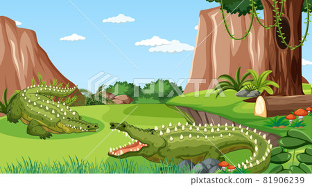 Crocodile in forest at daytime scene with many trees 81906239