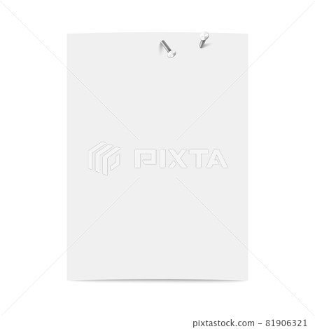 Rectangular vertical blank sheet on wall attached by several metal nails Rectangular vertical blank sheet on wall attached by several metal nails 81906321