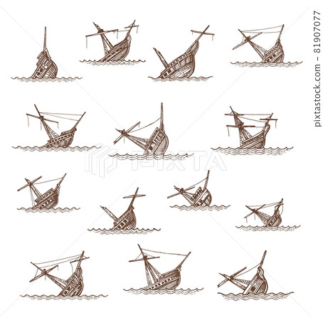 Sunken sailing ships and sailboats sketch, vector boat wrecks or shipwrecks. Broken drowned or sinking ships in sea or ocean waves, vintage hand drawn sunken pirate frigate ships. Map elements 81907077