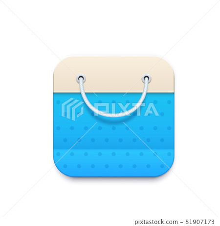 Online shopping icons. Bag package with rope handle. Online shop or store, supermarket smartphone app, web page interface pictogram, customer discounts program service 3d realistic vector icon Online shopping icons. Bag package with rope handle. Online shop or store, supermarket smartphone app, web page interface pictogram, customer discounts program service 3d realistic vector icon 81907173