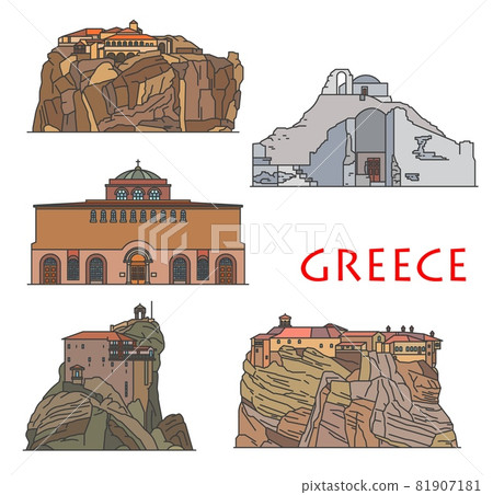 Greece architecture temples and churches, antique Greek buildings, vector. Greece travel landmarks Great Meteoron Monastery, Panagia Paraportiani in Mykonos and Nicholas Anapausas church in Kalambaka Greece architecture temples and churches, antique Greek buildings, vector. Greece travel landmarks Great Meteoron Monastery, Panagia Paraportiani in Mykonos and Nicholas Anapausas church in Kalambaka 81907181