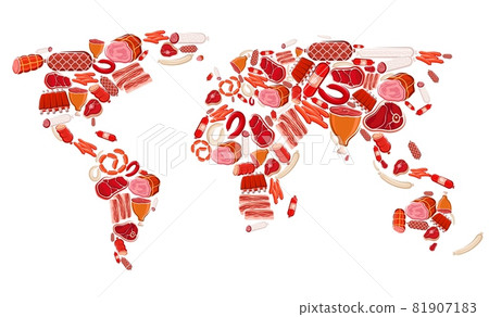 Meat, beef and pork sausages vector world map of meat food. Raw chicken and turkey sausages, ham, bacon slices and salami, barbecue steaks, lamb legs and bbq ribs, prosciutto and jamon delicatessen Meat, beef and pork sausages vector world map of meat food. Raw chicken and turkey sausages, ham, bacon slices and salami, barbecue steaks, lamb legs and bbq ribs, prosciutto and jamon delicatessen 81907183