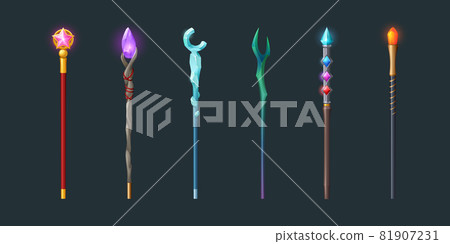 Set of magic staff, walk sticks or wands with gems Set of magic staff, walk sticks or wands with gems 81907231
