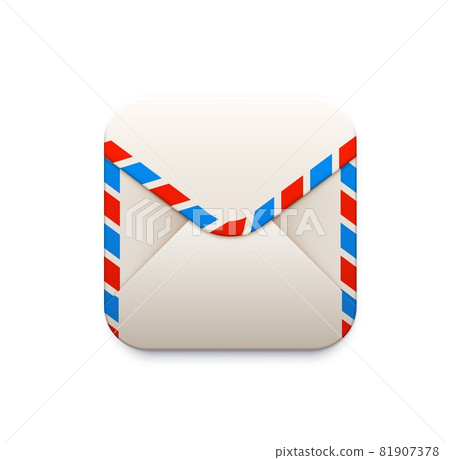 Mail envelope icon. E-mail smartphone application, messaging and mailing mobile service, delivery company app 3d vector icon or UI pictogram with white paper envelope with red and blue stripe 81907378