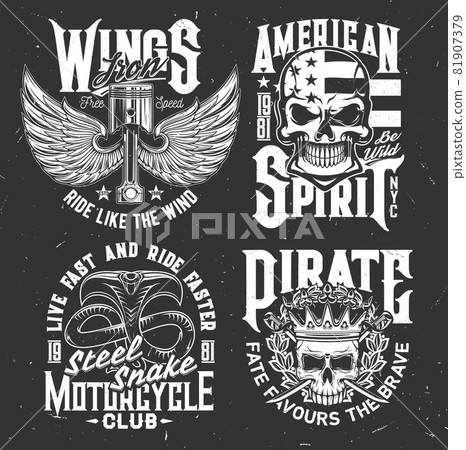 Tshirt prints with winged engine valves, skulls and cobra vector mascots for motorcycle club apparel design. Monochrome t shirt prints or emblems for biker team, isolated labels with typography set 81907379