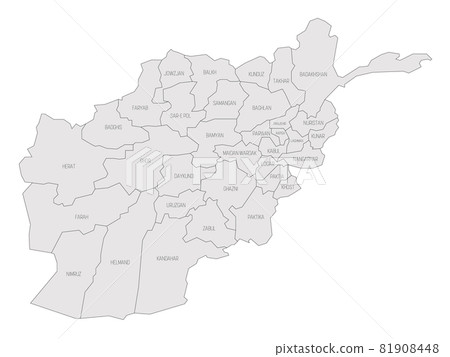 Solid grey political map of Afghanistan. Administrative divisions - provinces. Simple flat vector map with labels. 81908448