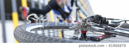 Falling cyclist on t road. Trial sport and injury athletes Falling cyclist on t road. Trial sport and injury athletes 81908878