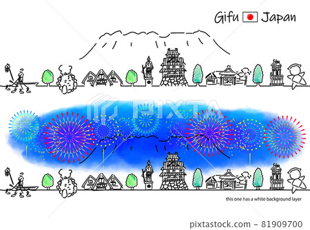 Simple line drawing set of fireworks and cityscape of tourist spots in Gifu prefecture 81909700