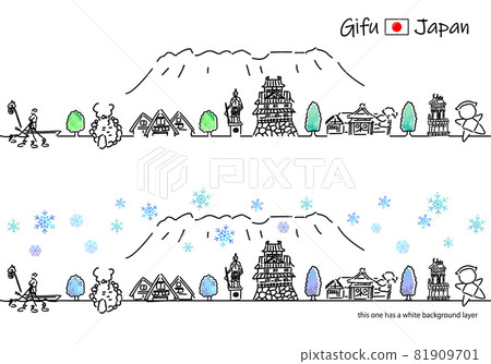 Cityscape simple line drawing set of sightseeing spots in Gifu prefecture in winter 81909701