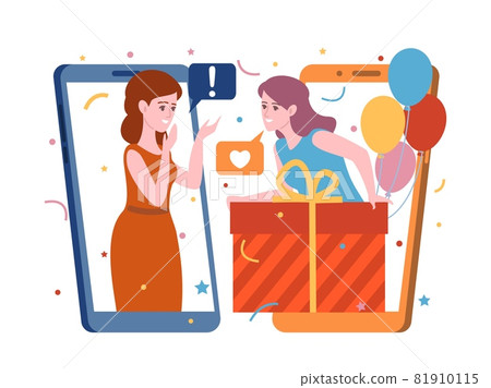 People gifts online. Woman gives present and communicate through phone screens app, holiday chat with friend, birthday party, vector concept 81910115
