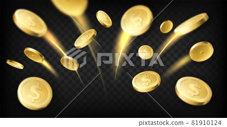 Golden coins explosion. Realistic dollar coins flying with moving traces, gambling games prize, casino jackpot, money cash, vector concept Golden coins explosion. Realistic dollar coins flying with moving traces, gambling games prize, casino jackpot, money cash, vector concept 81910124