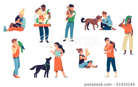 People with pets. Animals and happy loving owners, men and women characters hugging and playing with dog, cat, parrot and bunny, vector set People with pets. Animals and happy loving owners, men and women characters hugging and playing with dog, cat, parrot and bunny, vector set 81910194