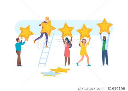 People feedback. Happy men and women characters with big stars, rating appreciation, app ranking, users give points for service, vector set 81910196