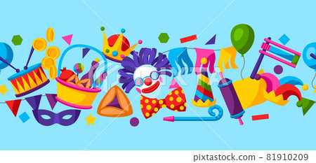 Happy Purim Jewish holiday seamless pattern. Background with traditional symbols. 81910209