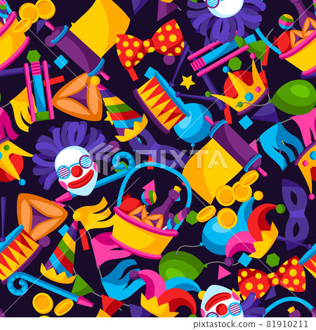 Happy Purim Jewish holiday seamless pattern. Background with traditional symbols. 81910211