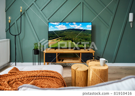 Interior of room with sofa, furnitures and TV set Interior of room with sofa, furnitures and TV set 81910416