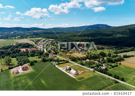 Village in mountains with forest, aerial view. Mountain landscape Village in mountains with forest, aerial view. Mountain landscape 81910417
