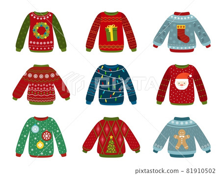 Christmas holiday sweater. Ugly sweaters, xmas jumper. Flat winter warm clothes with festive elements. Isolated new year objects recent vector set 81910502