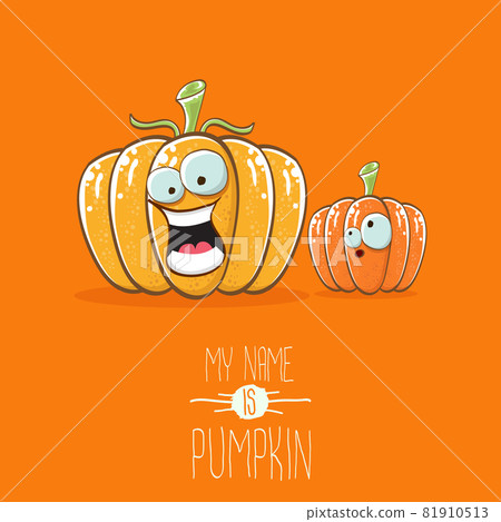 vector funny cartoon cute orange smiling friends pumkins isolated on orange background. My name is pumkin vector concept illustration. vegetable funky halloween or thanksgiving day characters set 81910513