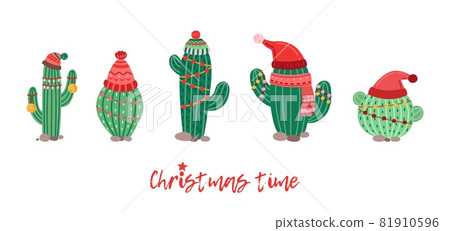 Cactus in winter hat. Christmas decorations, cacti with garlands. Xmas and new year vector banner template Cactus in winter hat. Christmas decorations, cacti with garlands. Xmas and new year vector banner template 81910596