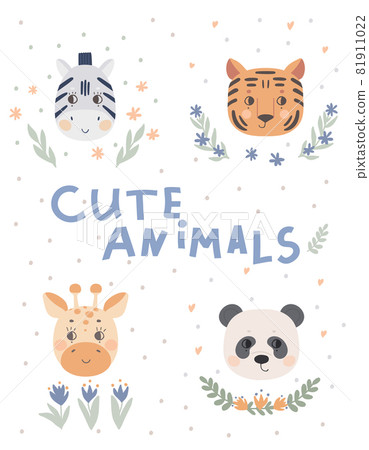 Poster with cute animal faces, panda, zebra, tiger, giraffe. Vector illustration for kids design 81911022