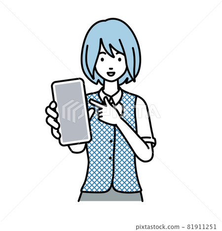 A woman in a clerk uniform standing and pointing at her smartphone 81911251