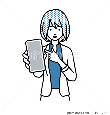 A woman in a jacket standing and pointing at her smartphone A woman in a jacket standing and pointing at her smartphone 81911266