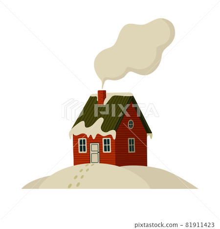 Mountain cabin. Red house in snowy mountains on light background. Mountain cabin. Red house in snowy mountains on light background. 81911423