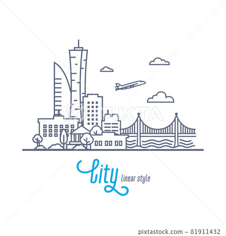 Linear Cityscape with bridge and flying airplane. Outline style vector illustration on white background. Linear Cityscape with bridge and flying airplane. Outline style vector illustration on white background. 81911432