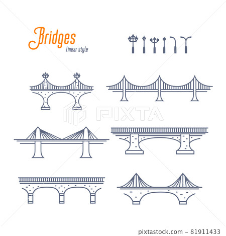 Bridges and street lamps line vector set. Various bridges and streets lights. Outline style vector illustration on white background. 81911433