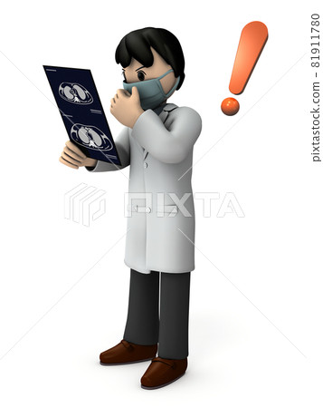 A doctor who found a lesion by looking at a scanned image of a patient. White background. 3D rendering. A doctor who found a lesion by looking at a scanned image of a patient. White background. 3D rendering. 81911780