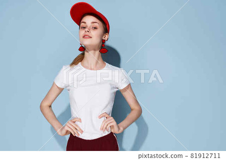 emotional cheerful woman summer style fashion fun blue background emotional cheerful woman summer style fashion fun blue background 81912711