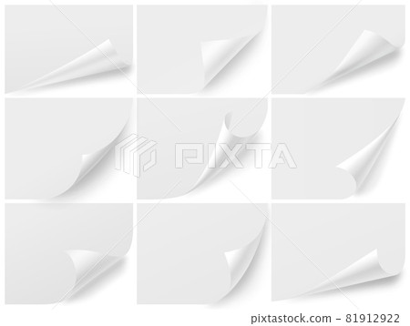 Curled corners blank sheets. Isolated paper mockup, curl note page. Turn up edge, realistic notes stickers with curved effect exact vector flyers template Curled corners blank sheets. Isolated paper mockup, curl note page. Turn up edge, realistic notes stickers with curved effect exact vector flyers template 81912922