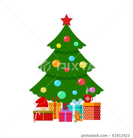 Decorated christmas tree. Xmas fir and presents, new year gift boxes. Holiday shopping, seasonal winter festive. Isolated decorations exact vector elements Decorated christmas tree. Xmas fir and presents, new year gift boxes. Holiday shopping, seasonal winter festive. Isolated decorations exact vector elements 81912923
