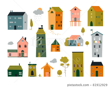 Cute tiny houses. Front brick house, cartoon flat buildings. Doodle small home, trendy scandinavian street landscape classy vector objects set Cute tiny houses. Front brick house, cartoon flat buildings. Doodle small home, trendy scandinavian street landscape classy vector objects set 81912929