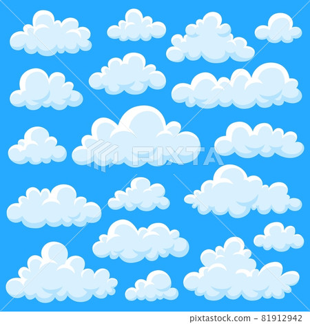 Isolated cartoon clouds. White fluffy cloud, heaven graphics design elements. Forecast, comic smoke shapes. Aerial summer spring garish vector set 81912942