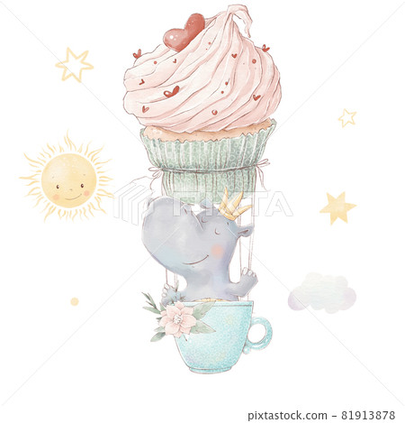 Set of cute cartoon hippo and stars. Watercolor illustration Set of cute cartoon hippo and stars. Watercolor illustration 81913878