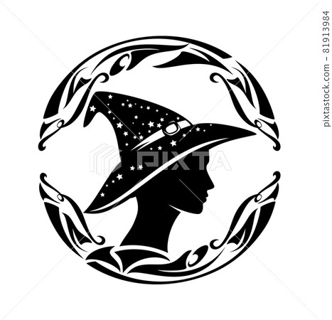 beautiful sorceress lady wearing witch hat black vector silhouette portrait in round frame beautiful sorceress lady wearing witch hat black vector silhouette portrait in round frame 81913984