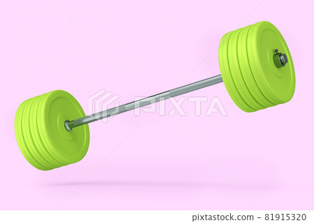 Abstract metal barbell with green disks isolated on pink background Abstract metal barbell with green disks isolated on pink background 81915320