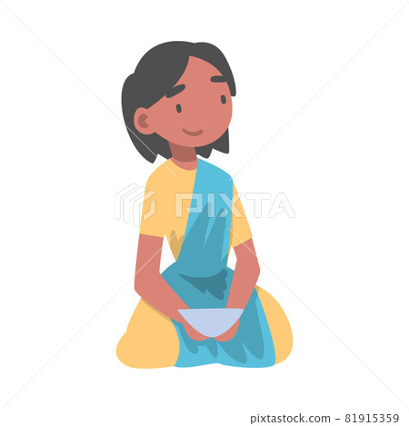 Indian Little Girl Wearing Sari Sitting on the Floor with Bowl Having Meal Vector Illustration Indian Little Girl Wearing Sari Sitting on the Floor with Bowl Having Meal Vector Illustration 81915359