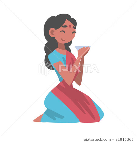 Indian Woman Character Wearing Sari Sitting on the Floor with Bowl Having Meal Vector Illustration Indian Woman Character Wearing Sari Sitting on the Floor with Bowl Having Meal Vector Illustration 81915365