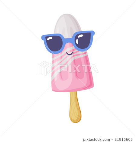 Funny Ice Cream on Stick with Happy Smiling Face and Sunglasses Vector Illustration 81915605