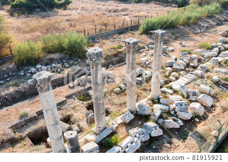 Aerial view of temple pillars and ancient ruins. Soli Pompeipolis ancient city in Mersin, Turkey. Aerial view of temple pillars and ancient ruins. Soli Pompeipolis ancient city in Mersin, Turkey. 81915921