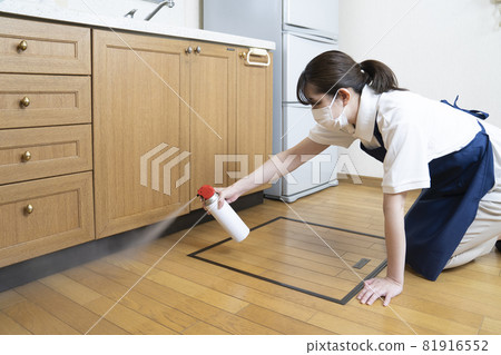 Woman spraying pesticide in the kitchen 81916552