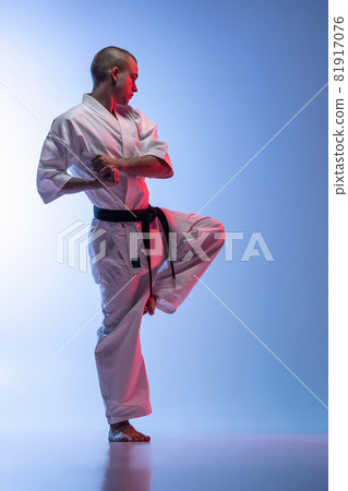 Full-length portrait of young caucasioan sportsman practising martial art of karate, judo, taekwondo isolated on gradient white blue background Full-length portrait of young caucasioan sportsman practising martial art of karate, judo, taekwondo isolated on gradient white blue background 81917076
