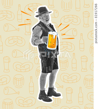 Senior happy smiling man with beer dressed in traditional Austrian or Bavarian costume holding mug of beer at pub or studio. Contemporary collage 81917266