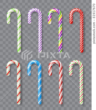 Christmas cane lollipop. Realistic winter holiday traditional sweets, different colors candies, new year products, sugar toy decor, kids xmas gifts, sugar products vector 3d isolated set 81917670