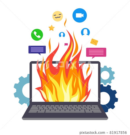 Overload. Burning computer. Cartoon laptop with flaming screen. Broken electrical device. PC system reload. Gadget reboot. Problems with software and internet messengers. Vector concept 81917856