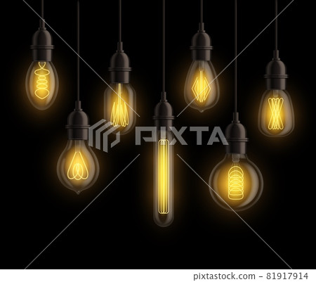 Light bulbs realistic. Vintage edison bright yellow glowing lamps hanging. Retro light bulb different forms isolated on black background. Interior elements. Creative idea symbols vector set 81917914